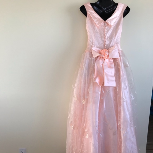 Pastel Pink Satin & Embroidered Tulle Prom Dress Princess Formal Ballgown - Picture 5 of 7